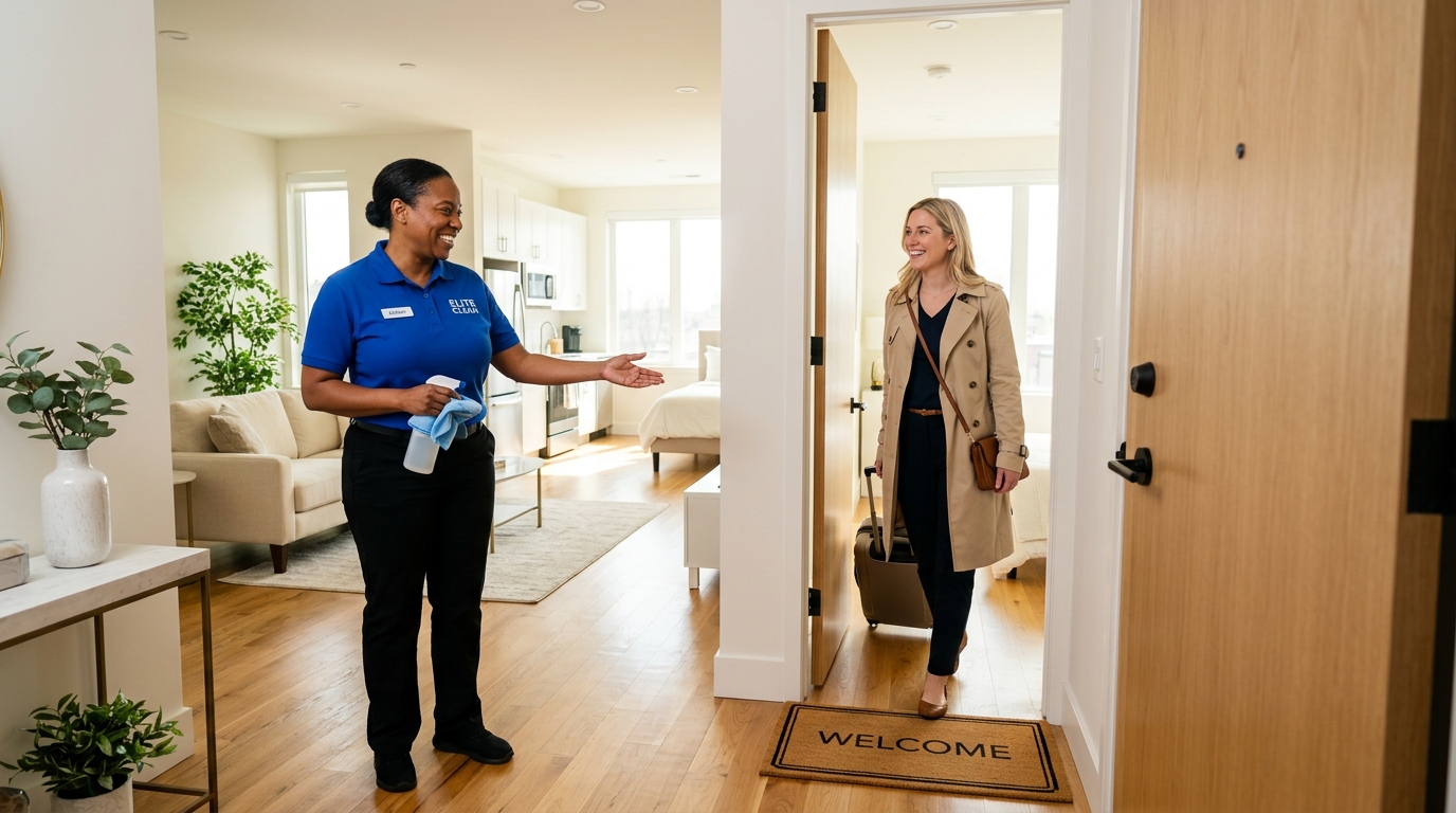 A cleaner welcoming an arriving guest at the door of a short-stay apartment
