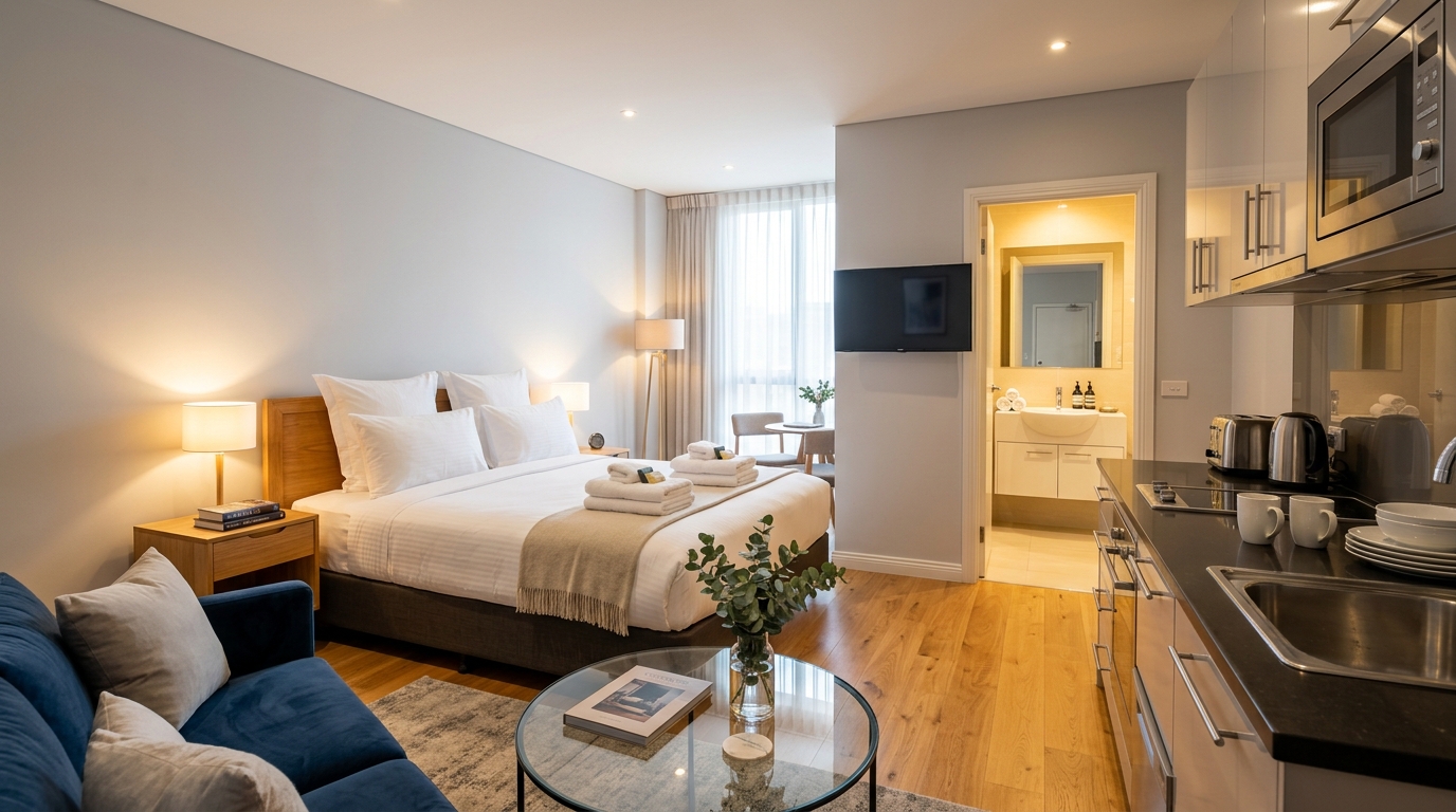 A studio apartment freshly reset for the next guest — made bed, folded towels and a tidy kitchenette