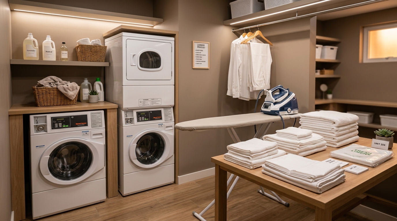 An off-site laundry room with commercial machines, an ironing station and folded linen labelled by unit