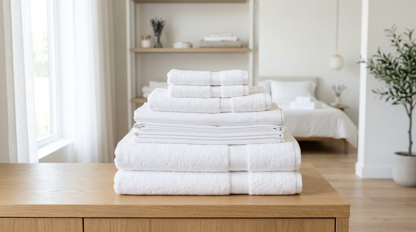 A neat stack of fresh white towels and folded linen in a bright bedroom